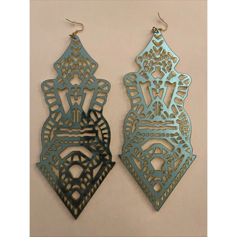 XL Gold Toned Mirror Filigree Earrings Fashion Jewelry Boho Lightweight Acrylic